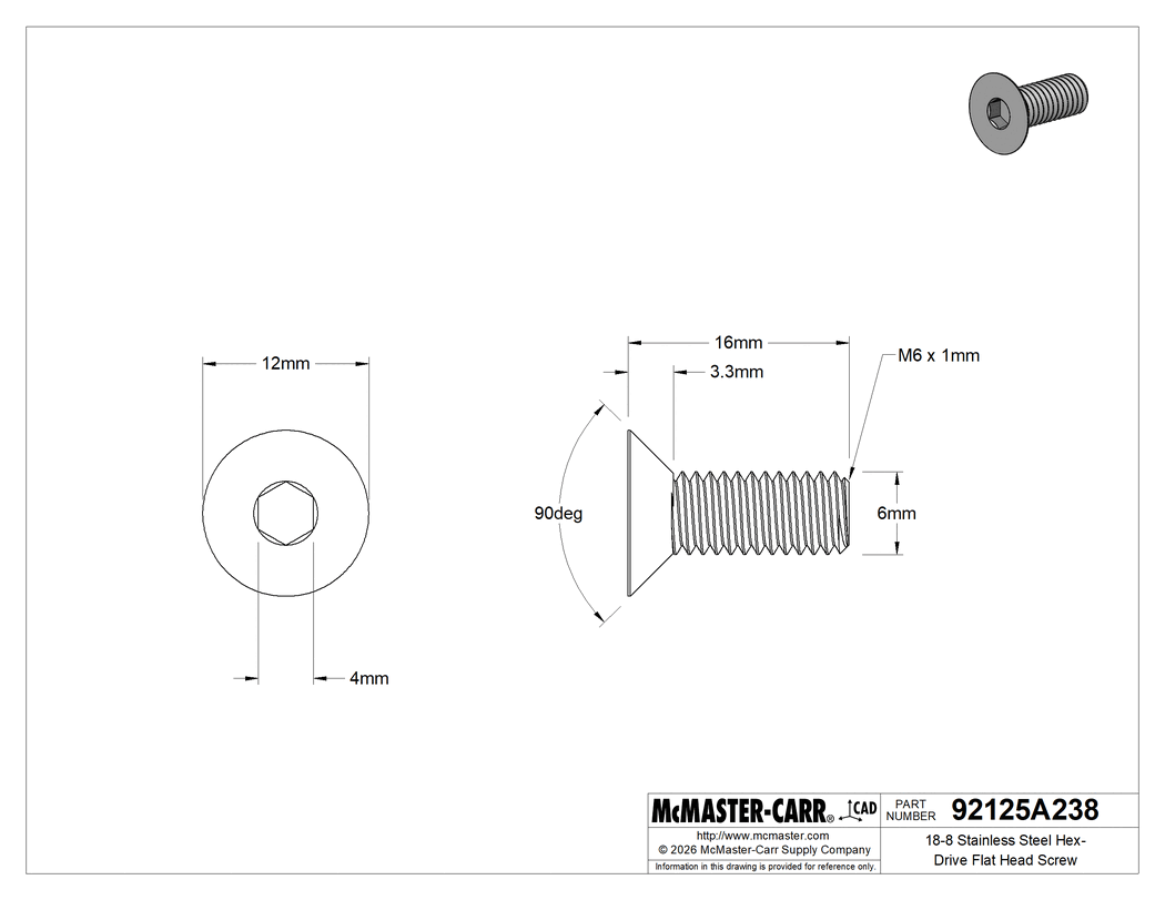 Technical Drawing of 18-8 Stainless Steel Hex-Drive Flat Head Screw, M6 x 1 mm Thread Size, 16 mm Long.